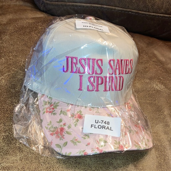 Accessories - White & Pink Floral Trucker Hat - "JESUS SAVES I SPEND" Embroidered